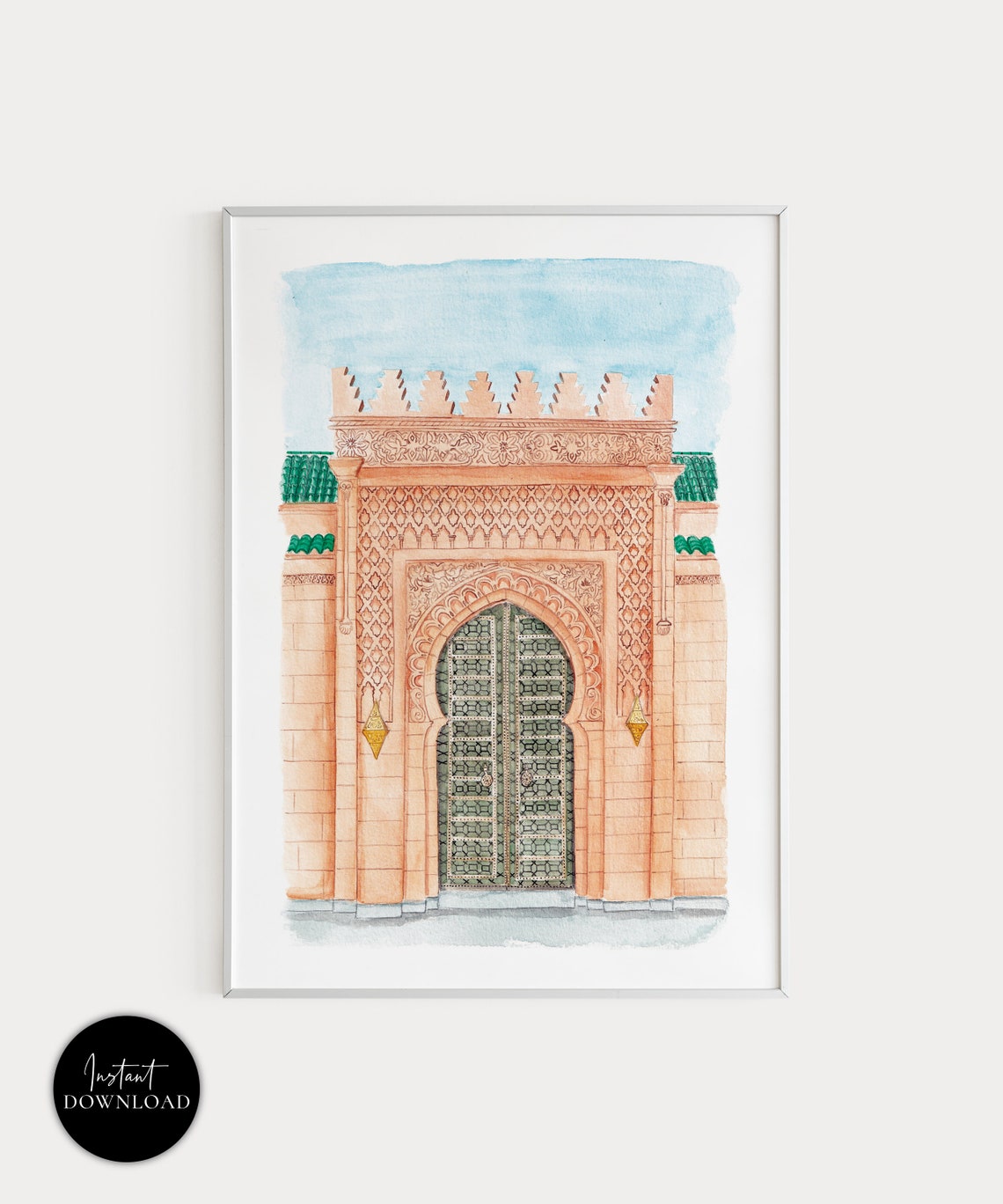 Ornate Moroccan Palace Gate Carved Stone Green Door Watercolor Poster