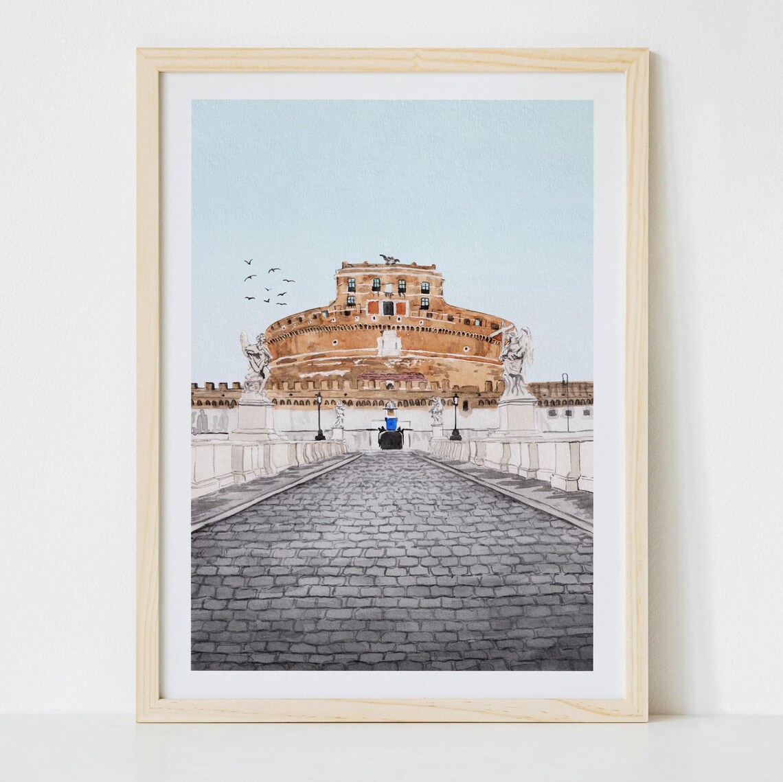 Rome Castel SantAngelo Bridge Morning Birds Watercolor Poster