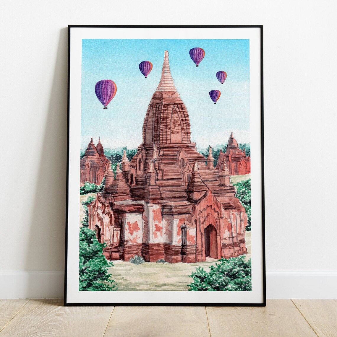 Bagan Myanmar Watercolor Travel Poster, Landscape - Image 2