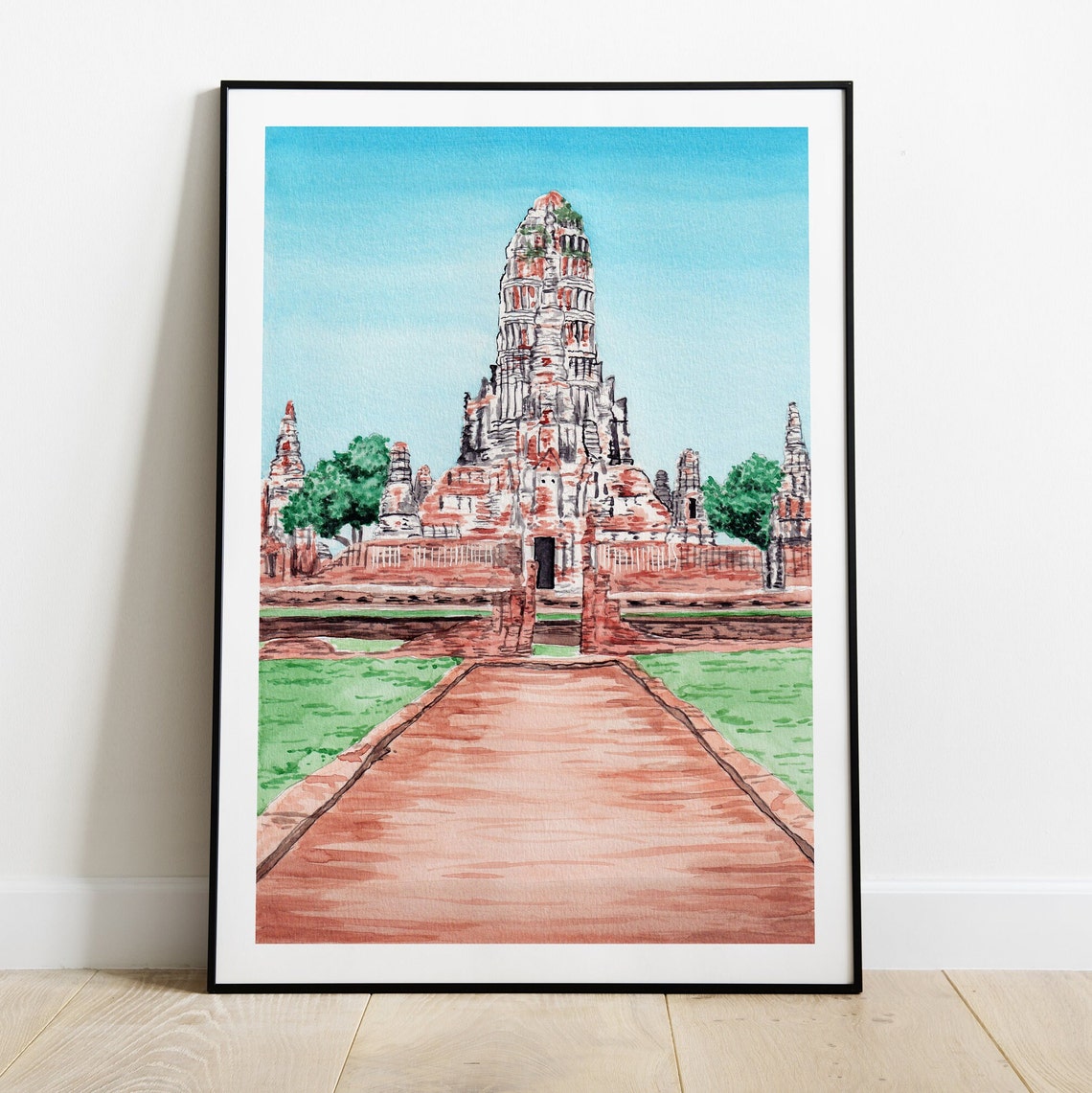 Ayutthaya Thailand Ancient Brick Temple Ruins Watercolor Poster - Image 2
