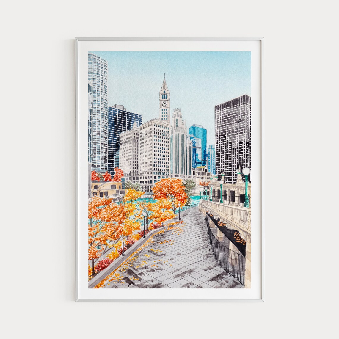 Chicago Riverwalk Watercolor Travel Poster, Wrigley Building