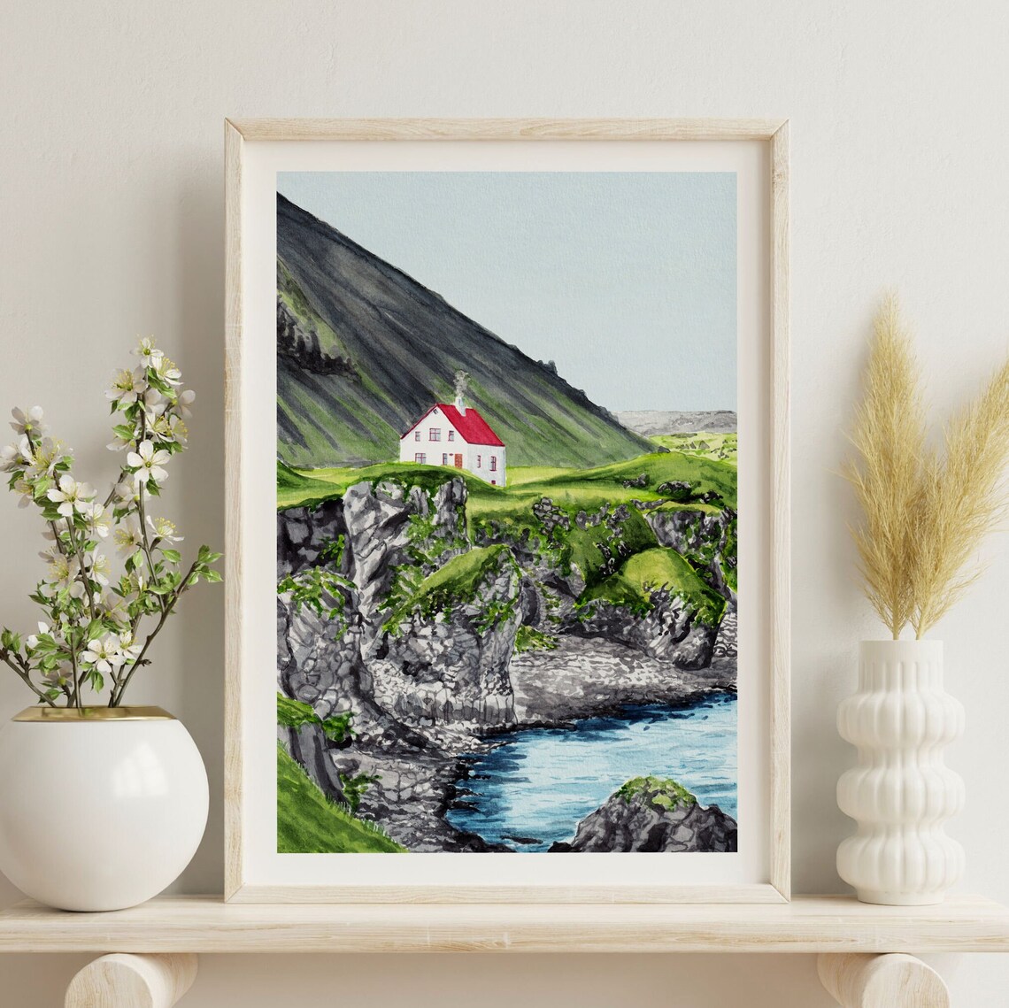 Arnarstapi Iceland Red Roof House Cliff Coast Watercolor Poster - Image 3