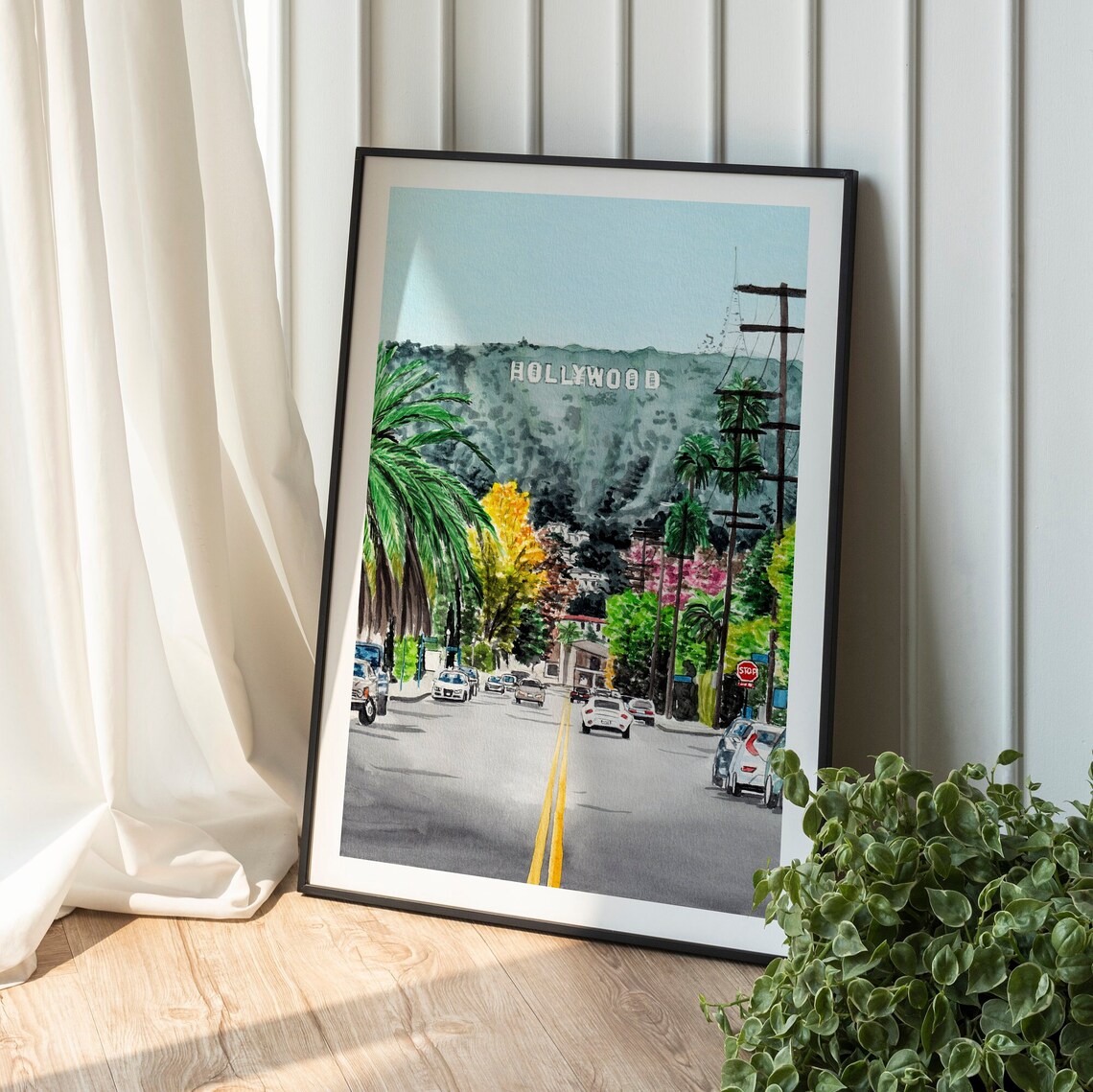 Hollywood Sign Los Angeles Street Palm Trees Watercolor Poster - Image 2