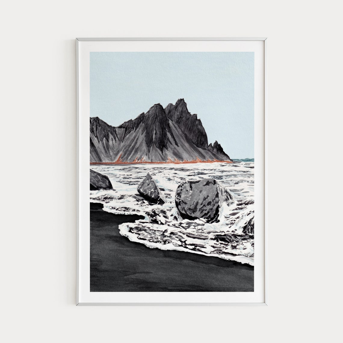 Iceland Black Sand Beach Waves Basalt Peaks Watercolor Poster - Image 3