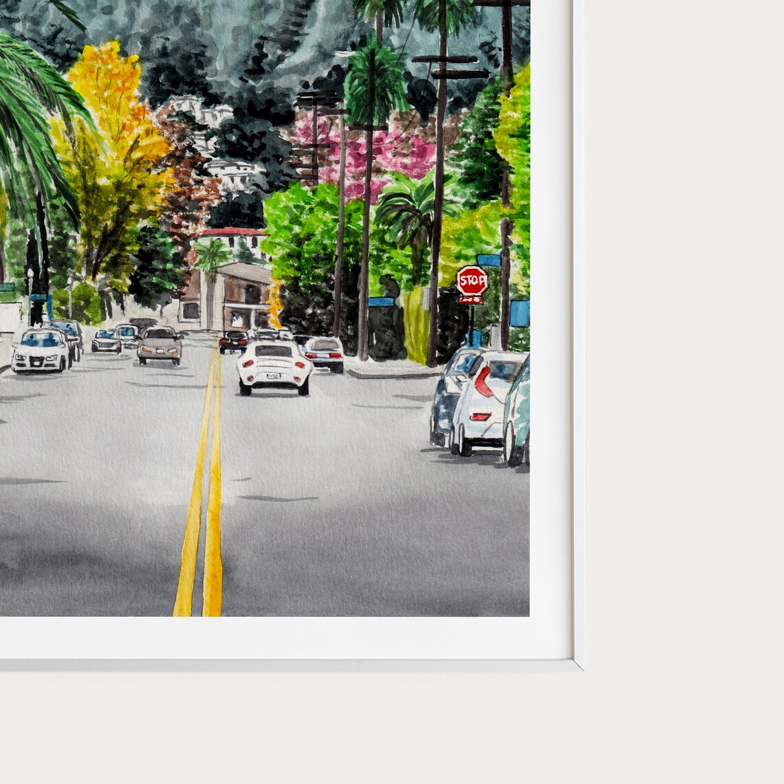 Hollywood Sign Los Angeles Street Palm Trees Watercolor Poster - Image 3