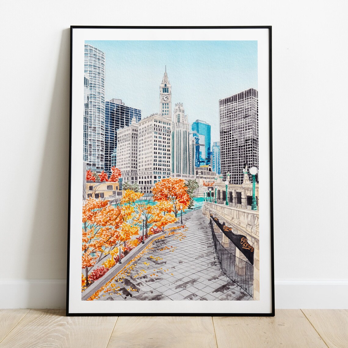 Chicago Riverwalk Watercolor Travel Poster, Wrigley Building - Image 2