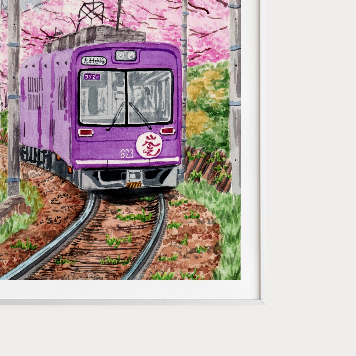 Japan Purple Train Cherry Blossom Tunnel Spring Morning Poster - Image 2