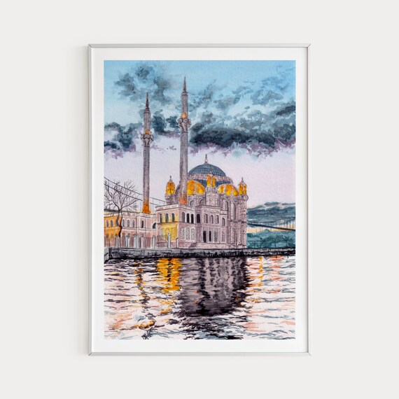 Istanbul Watercolor Cityscape, Ortakoy Mosque Travel Poster