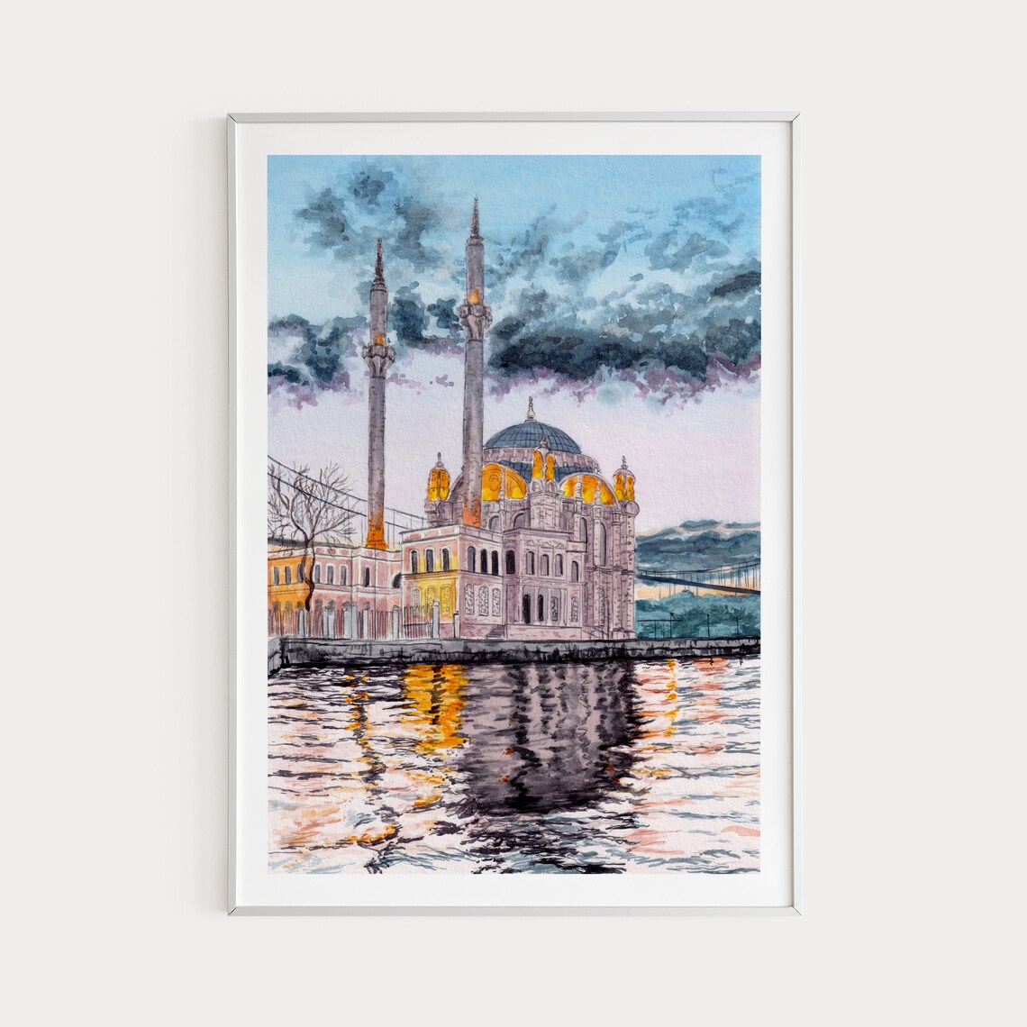 Istanbul Watercolor Cityscape, Ortakoy Mosque Travel Poster