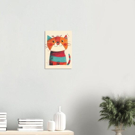 Cheerful Orange Cartoon Cat Illustration Nursery Wall Poster