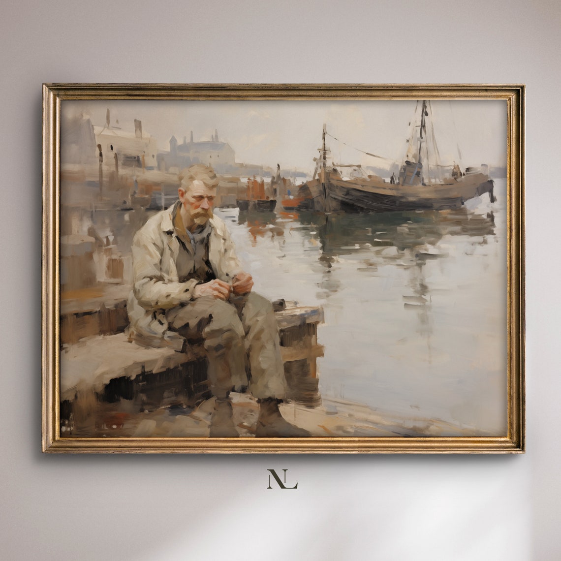 Fisherman Resting On Harbor Dock Vintage Nautical Painting Poster