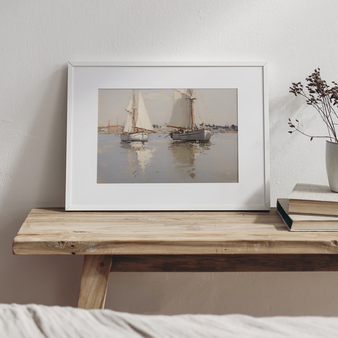 Two Sailboats Calm Harbor White Sails Serene Seascape Poster - Image 5