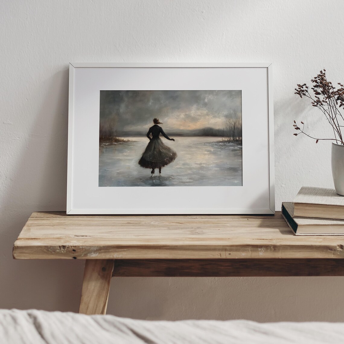 Woman Ice Skating Frozen Lake Dramatic Winter Sky Painting Poster - Image 5