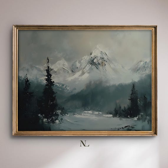 Wall Art Mountain Landscape Moody Home Decor Rustic Vintage Landscape Oil Painting Cosy Farmhouse Impressionist Print
