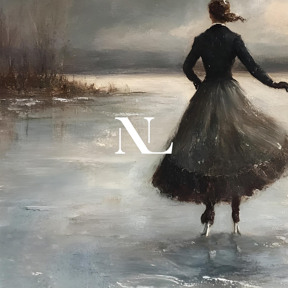 Woman Ice Skating Frozen Lake Dramatic Winter Sky Painting Poster - Image 2
