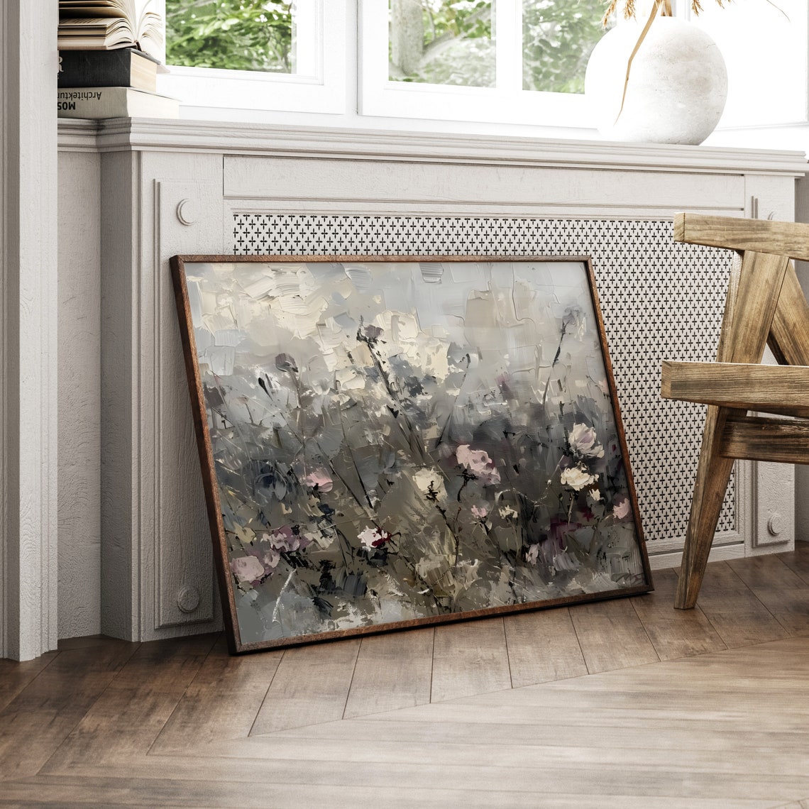 Abstract Floral Painting In Soft Grey And Pink Impasto Style Poster - Image 2