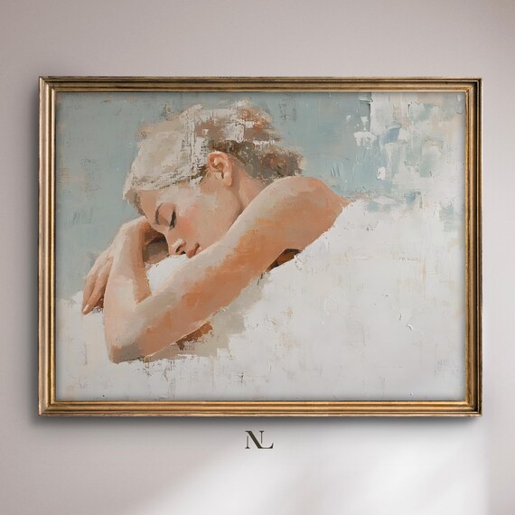 Sleeping Woman Resting On Her Arm Soft Peach Tones Painting Poster