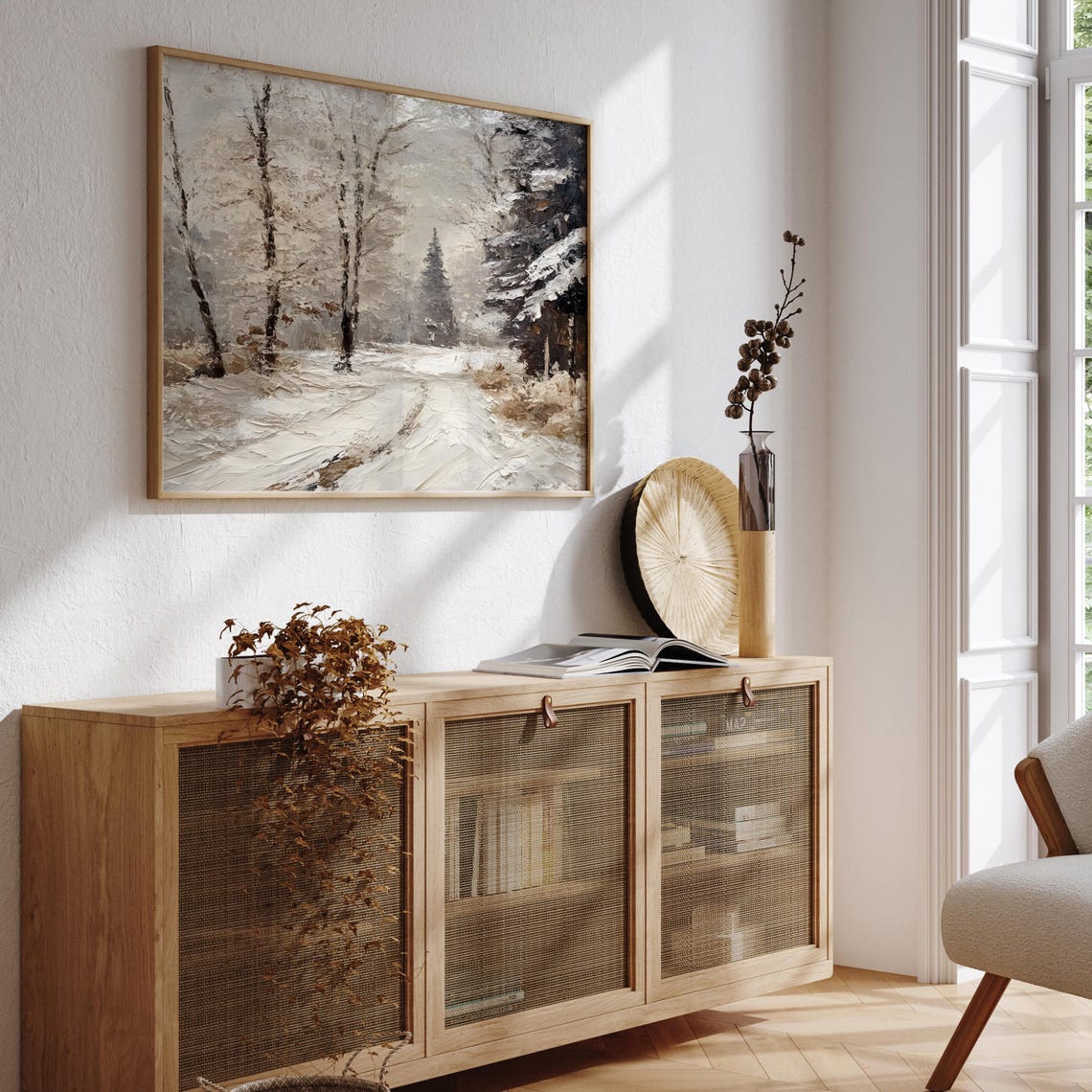 Snowy Forest Path With Birch Trees Winter Oil Painting Style Poster - Image 3