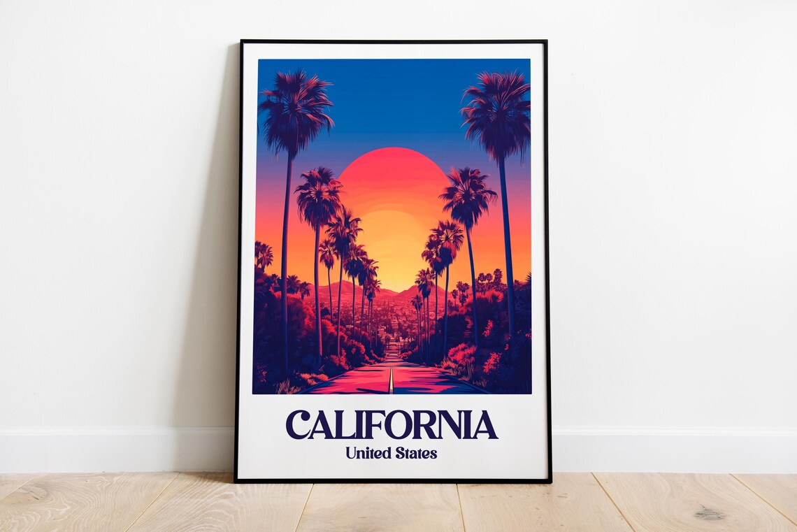 California Sunset Palm Tree Boulevard City View Travel Poster