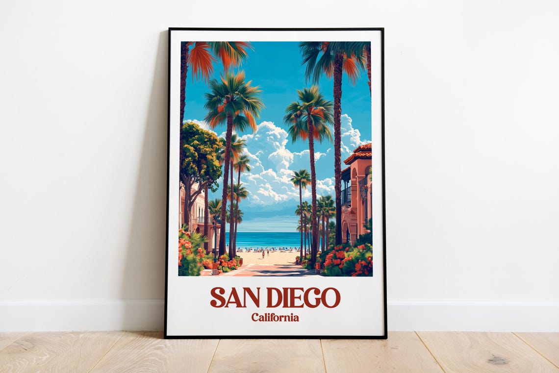 San Diego California Beach Palm Tree Promenade Vintage Travel Poster