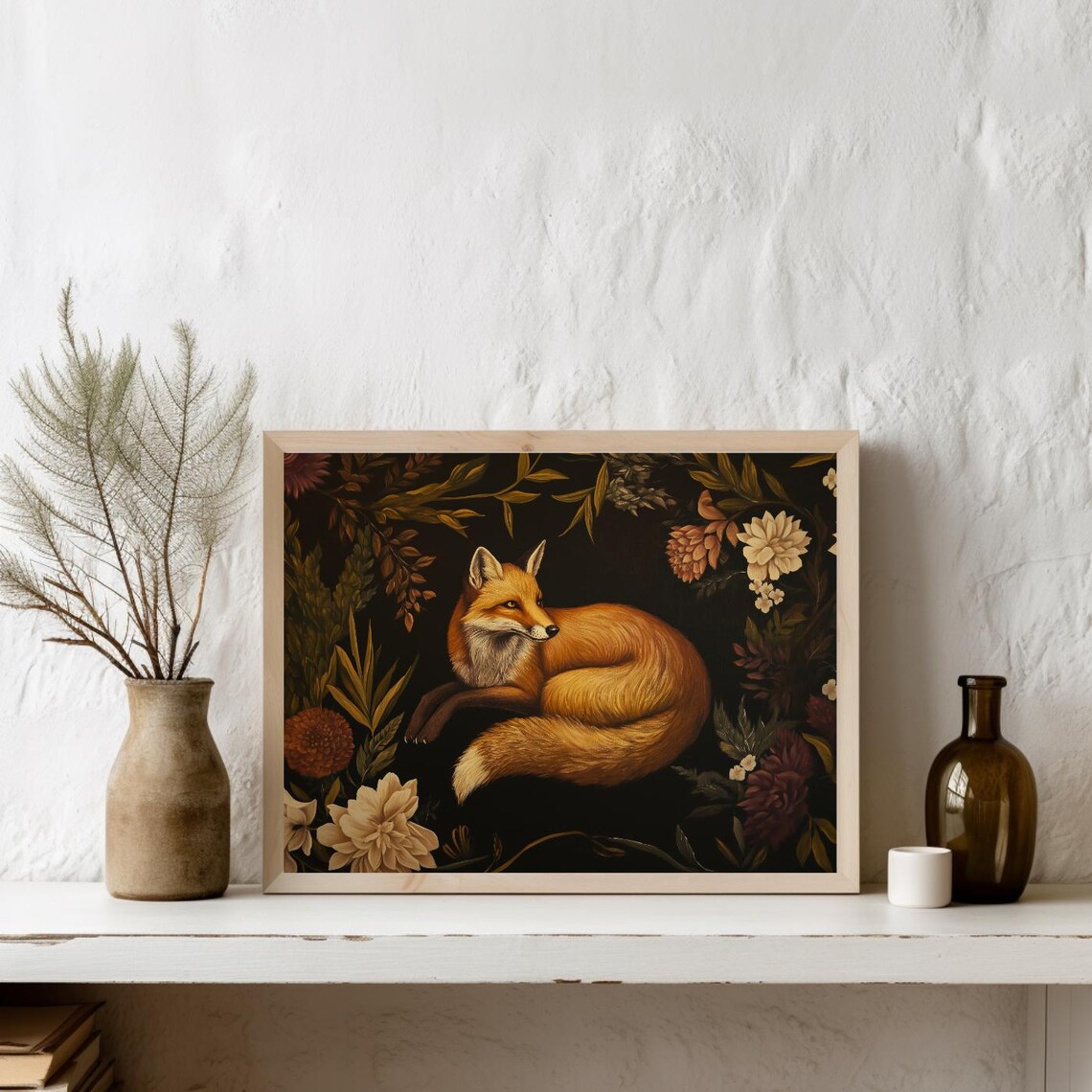 Red Fox Curled Among Dark Florals Victorian Botanical Poster - Image 3
