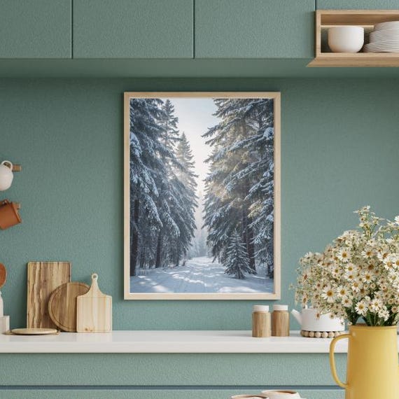 Snowy Forest Wall Art Peaceful Winter Landscape Realistic Pine Tree Scene Instant
