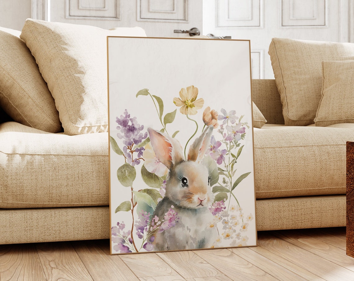 Watercolor Bunny Rabbit Spring Wildflowers Easter Nursery Poster - Image 4