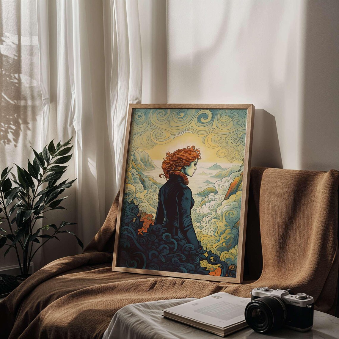 Wanderer Woman Red Hair Swirling Clouds Nouveau Art Style Poster