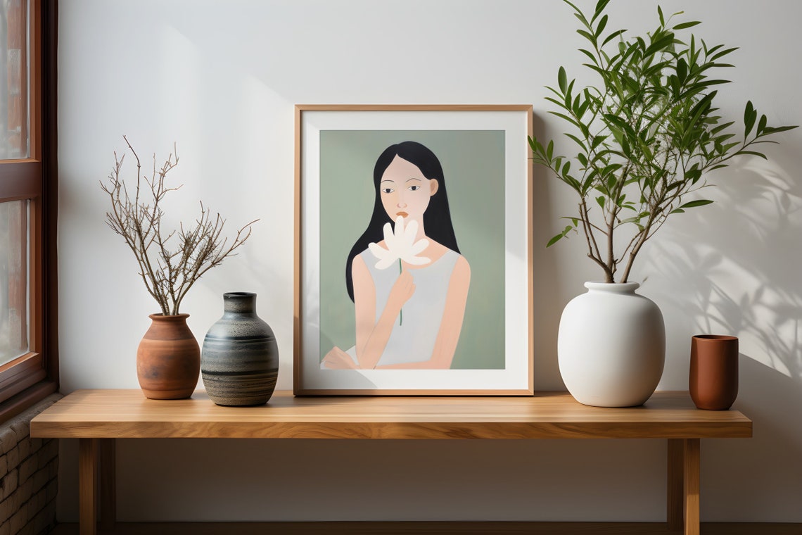 Minimalist Woman Holding a White Flower on Sage Green Art Poster
