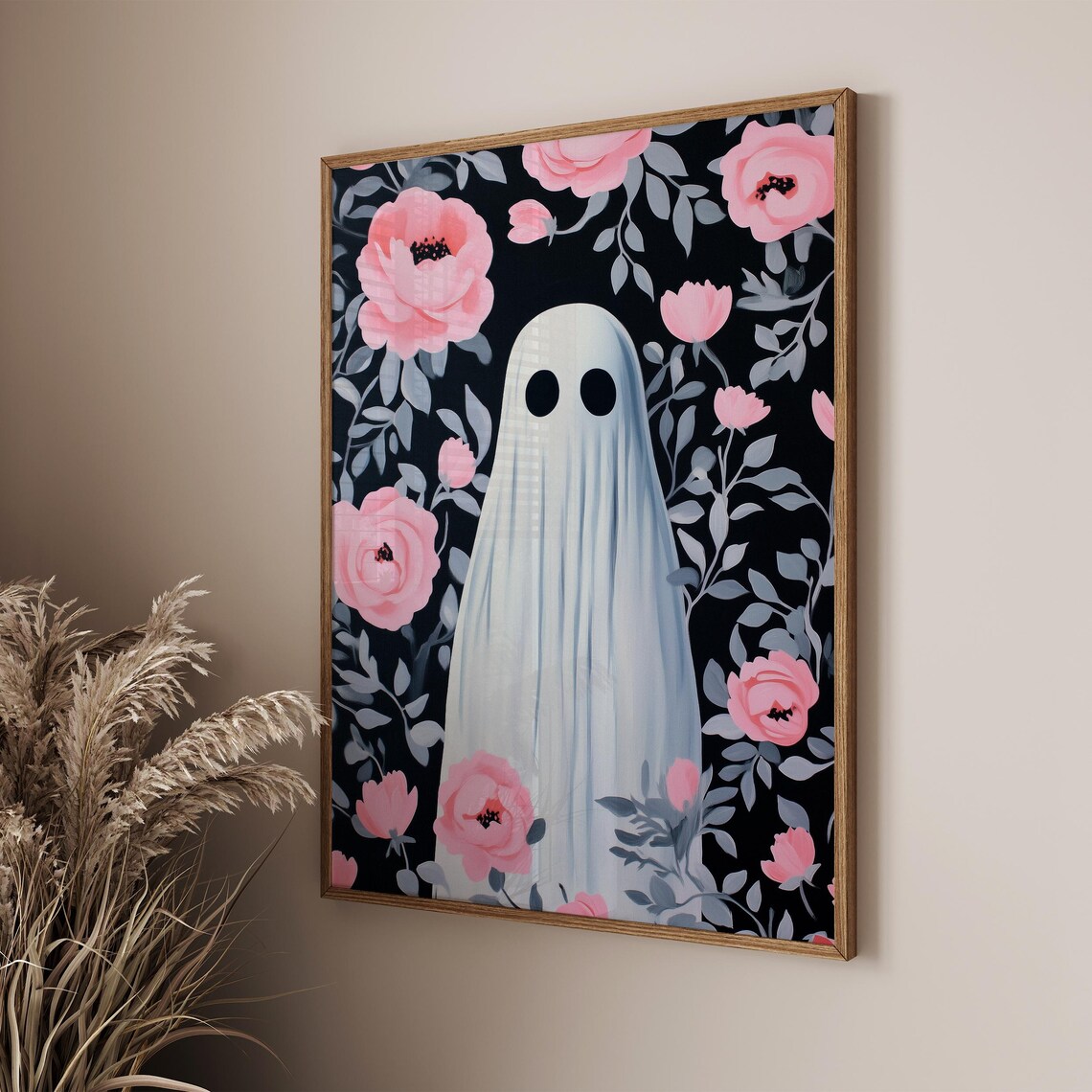 Cute Ghost Among Pink Peonies Spooky Floral Halloween Wall Art - Image 3
