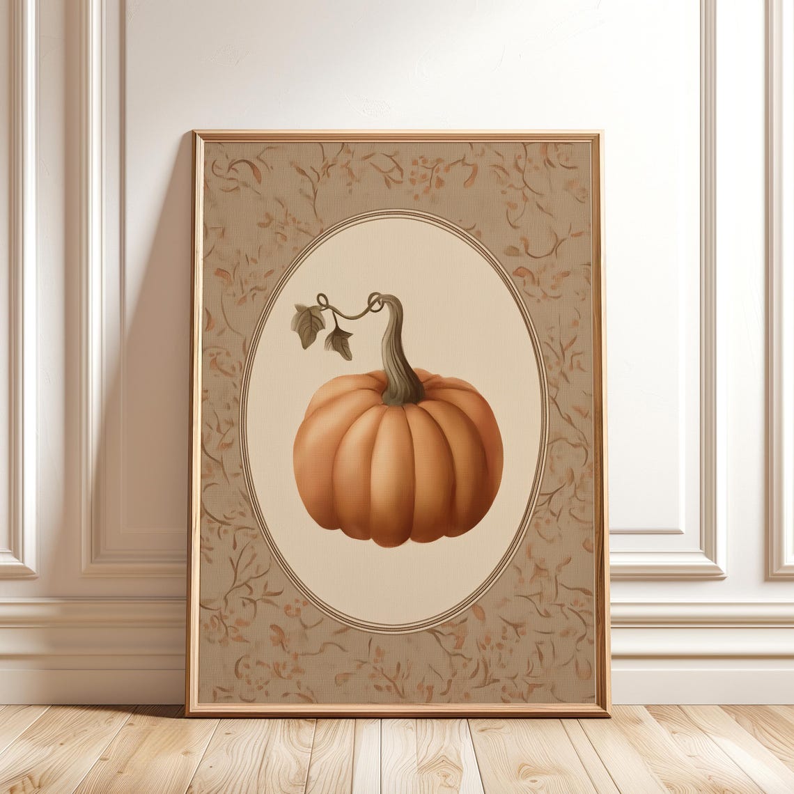 Vintage Pumpkin Oval Frame Floral Antique Style Fall Wall Art