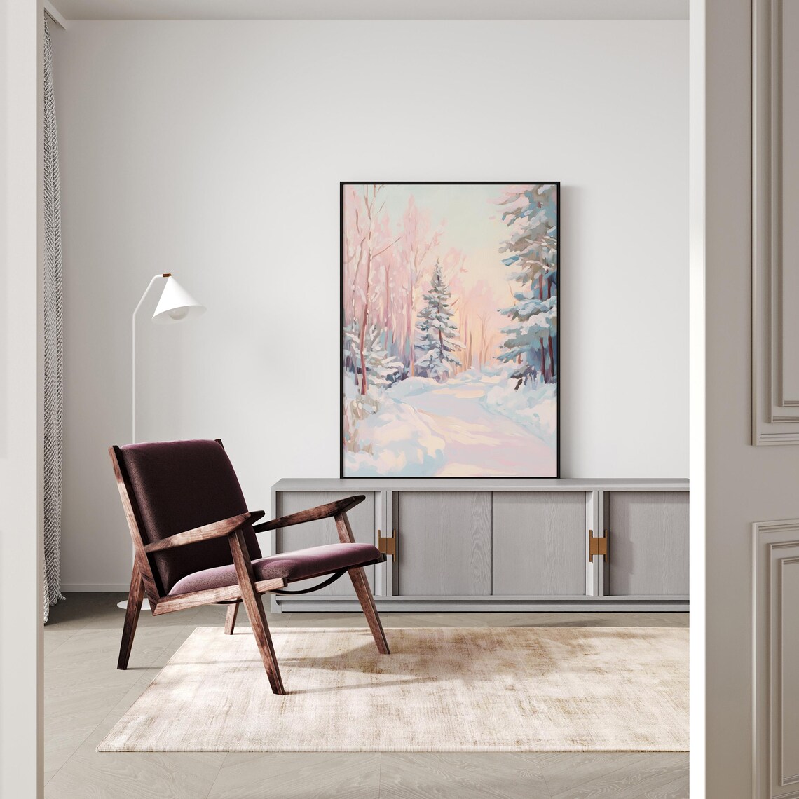 Pastel Winter Forest Painting, Pink Christmas Tree - Image 2