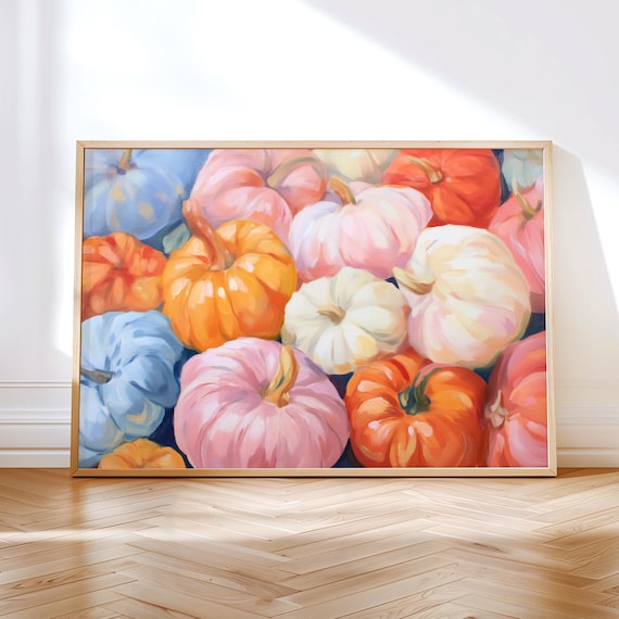 Colorful Pastel Pumpkins Painting Fall Halloween Autumn Wall Art Print Decor