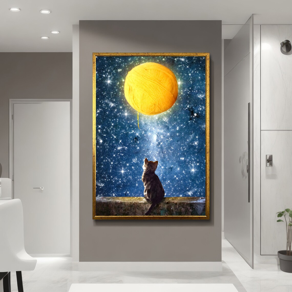 Dreamy Cat And Yarn Moon Painting, Whimsical - Image 5