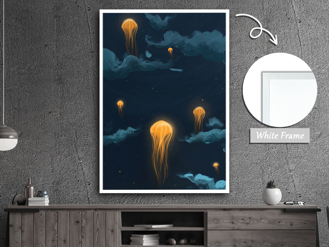 Jellyfish Rising To The Sky, Surreal Sea Life Art Print - Image 3