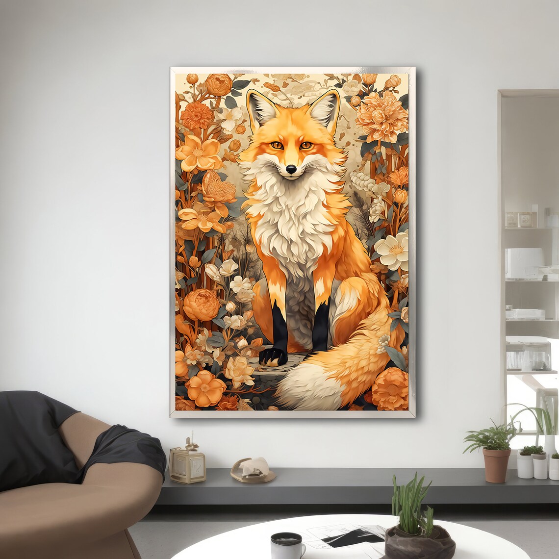Charming Fox And Flowers Painting, Animal Lovers - Image 3
