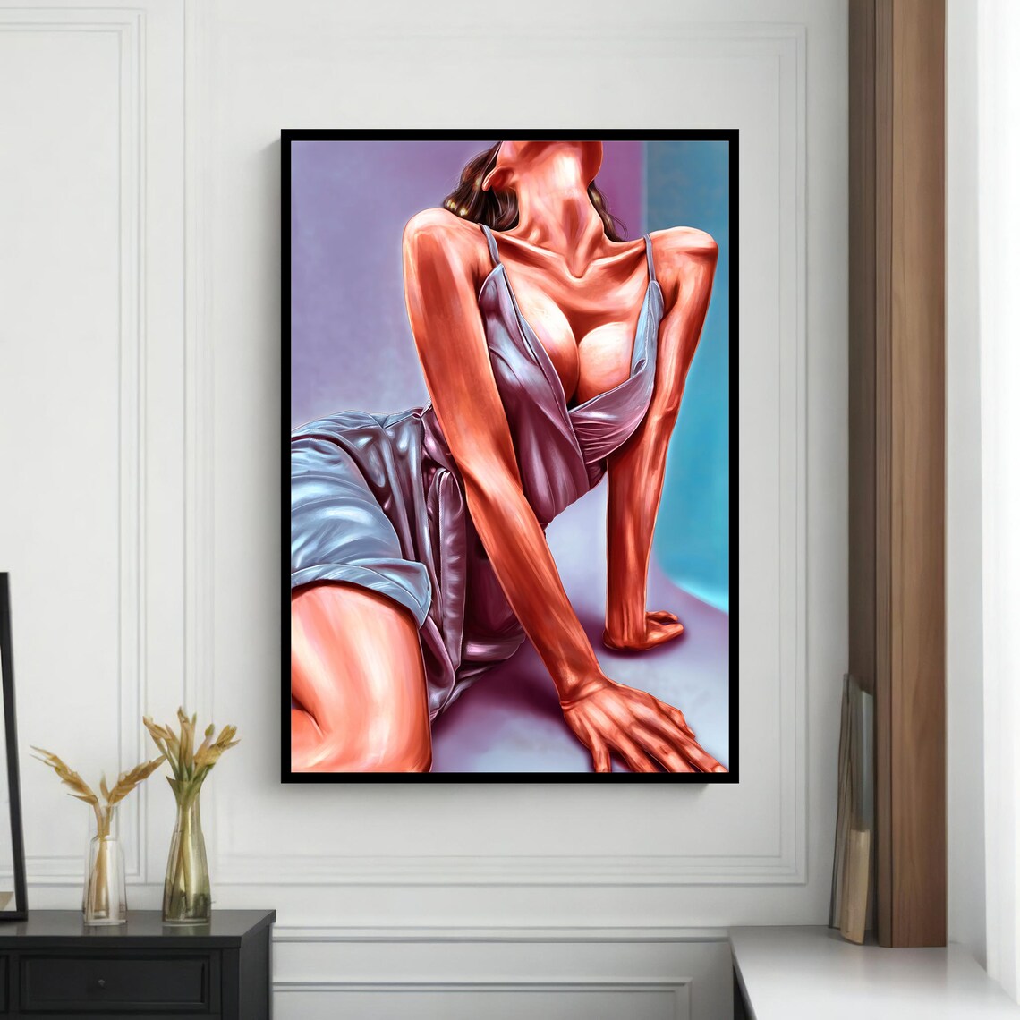 Seductive Woman in Silk Dress, Modern Painting - Image 4
