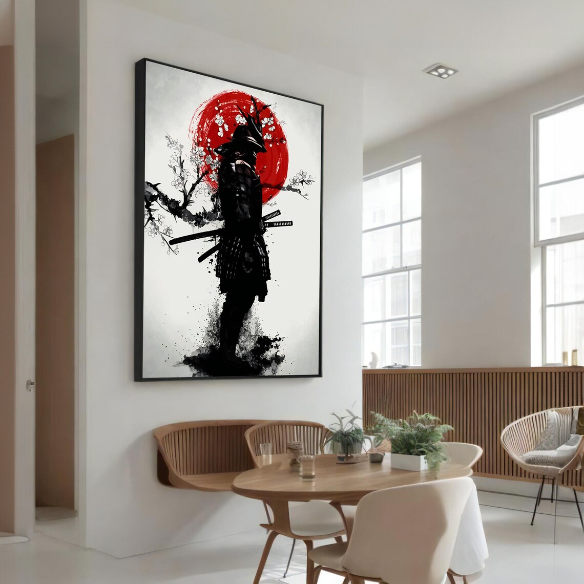 Samurai Silhouette With Red Sun, Japanese Home Decor