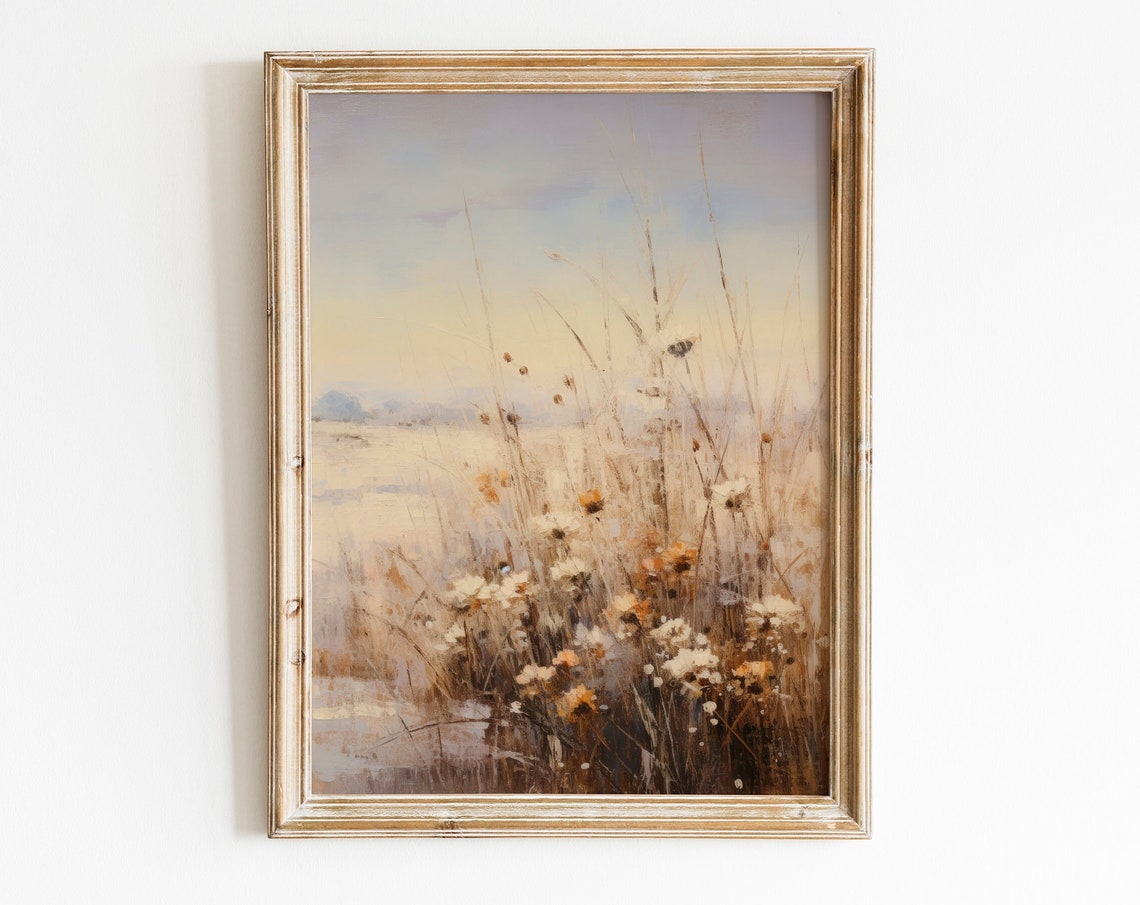 Winter Wildflower Meadow Golden Dusk Vintage Floral Landscape Poster