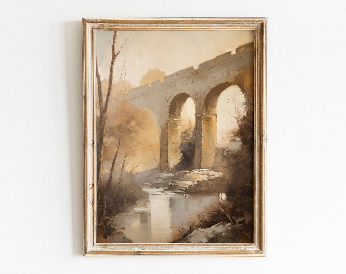 Roman Aqueduct Bridge Stream Vintage Italian Countryside Art Poster