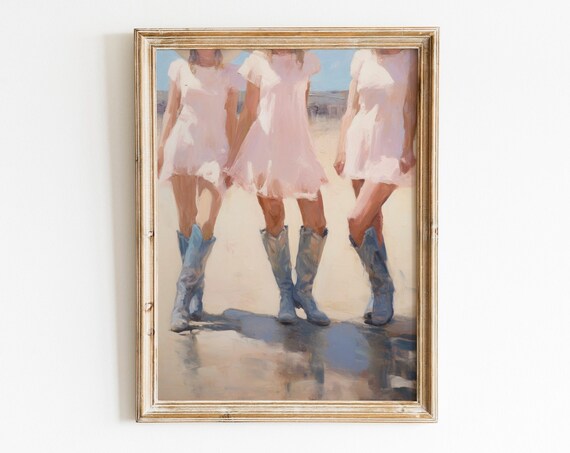 Three Cowgirls Pink Dresses Cowboy Boots Beach Coastal Western Poster
