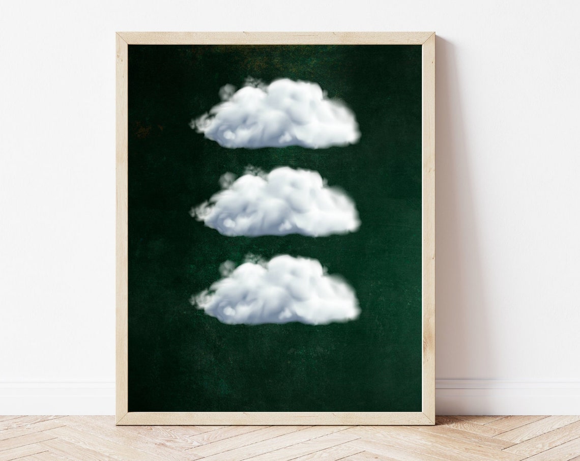 Cloud Wall Art Emerald Green Maximalist Decor Abstract Art Print Puffy Clouds Print Dark Academia Decor