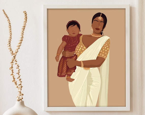 Mother Child Art Print Motherhood Poster South Asian Art Indian Art South Indian Art Indian Mom Gift Idea Desi Art Mothers Day Gift