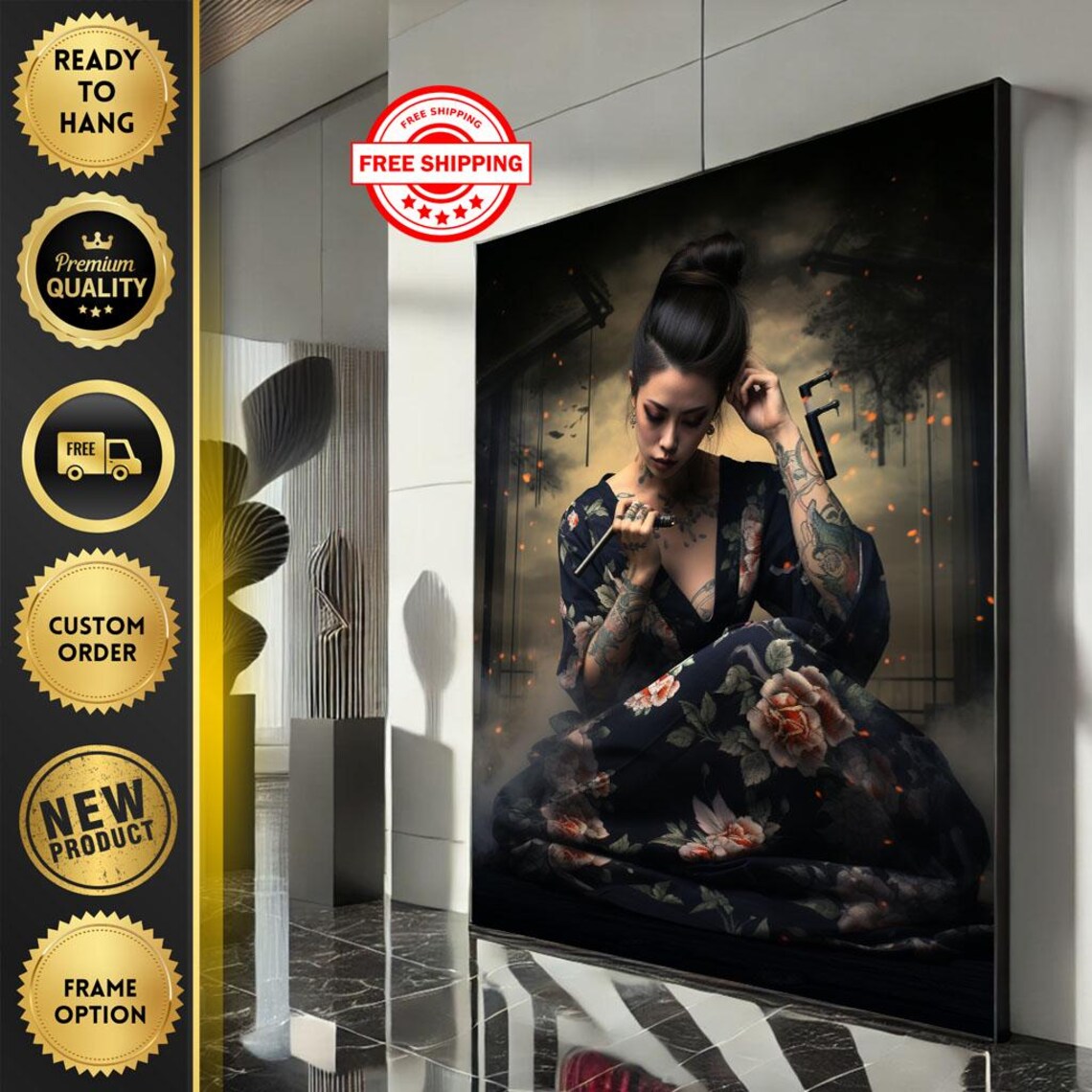 Tattooed Woman In Dark Floral Kimono Moody Elegant Portrait Poster