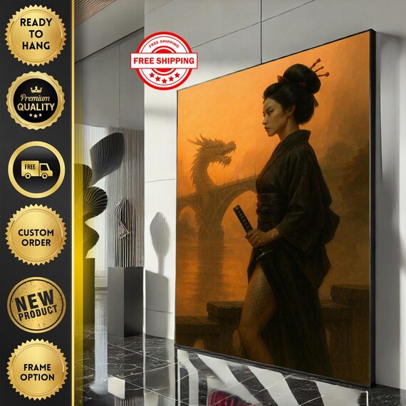 Elegant Japanese Woman With Dragon Canvas Wall Art Print Modern Living Room Decor Ready To Hang