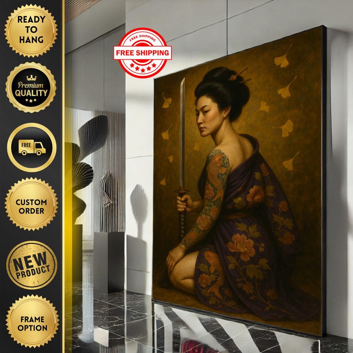 Tattooed Samurai Woman Purple Kimono Sword Koi Tattoo Art Poster