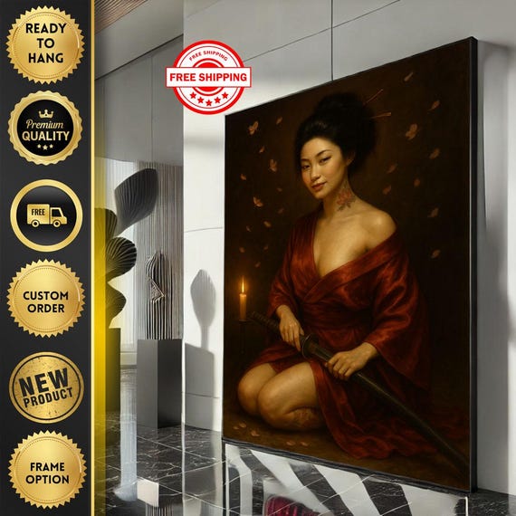 Calm Asian Woman In Red Robe Canvas Wall Art Print Elegant Living Room Decor Ready To Hang