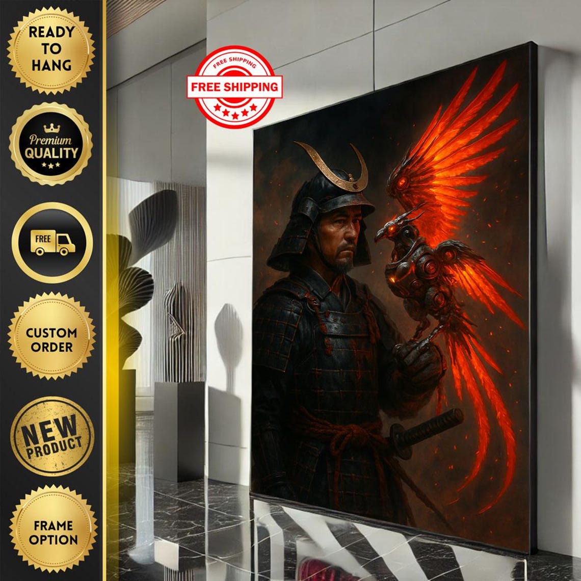 Samurai Warrior Fire Phoenix Dark Fantasy Japanese Battle Art Poster