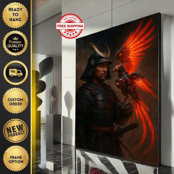 Fierce Samurai Warrior With Phoenix Canvas Wall Art Print Bold Living Room Decor Ready To Hang