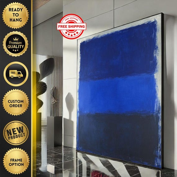 Mark Rothko Inspired Blue Canvas Bold Color Field Painting For Modern Living Room Decor Ready To Hang